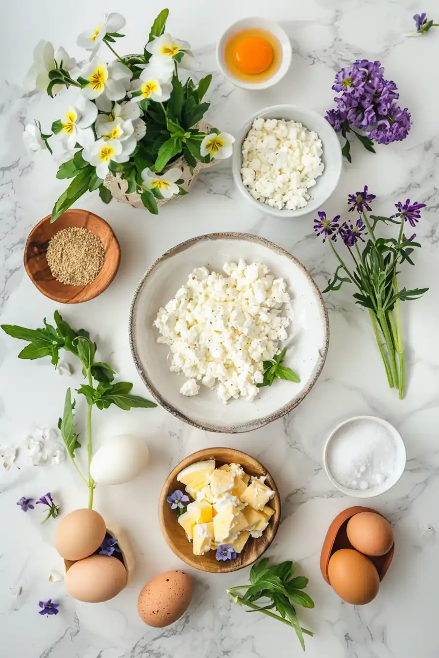 Ingredients for cottage cheese wrap recipe including eggs, cottage cheese, mozzarella, and herbs