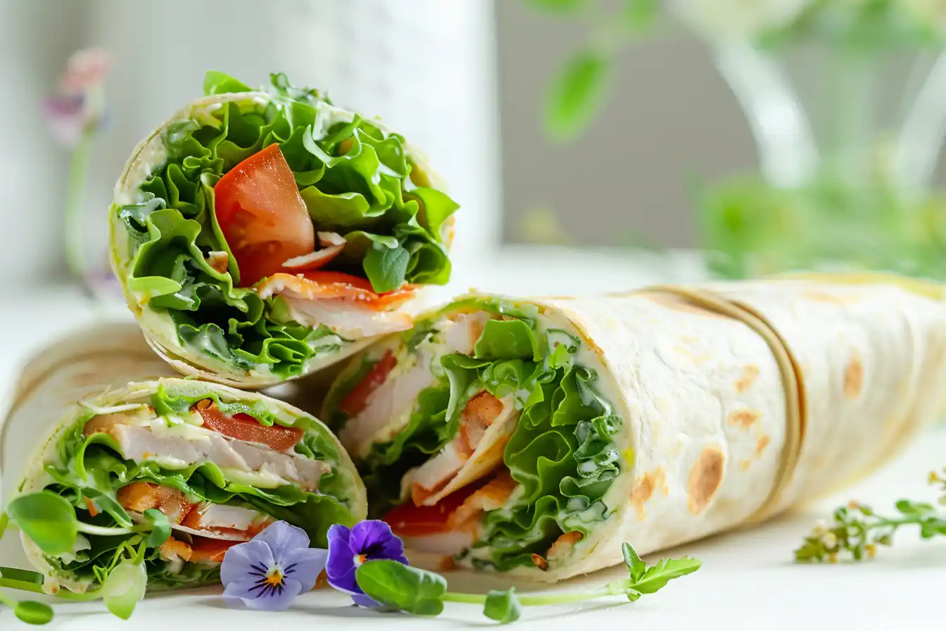 Close-up of cottage cheese wraps filled with greens, turkey, and tomato