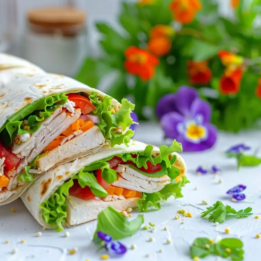 Cottage cheese wrap recipe shown with turkey, lettuce, and tomato in a bright, fresh setting