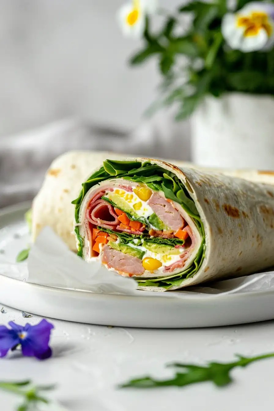 Cottage cheese wrap with turkey, lettuce, and tomato rolled and ready to serve