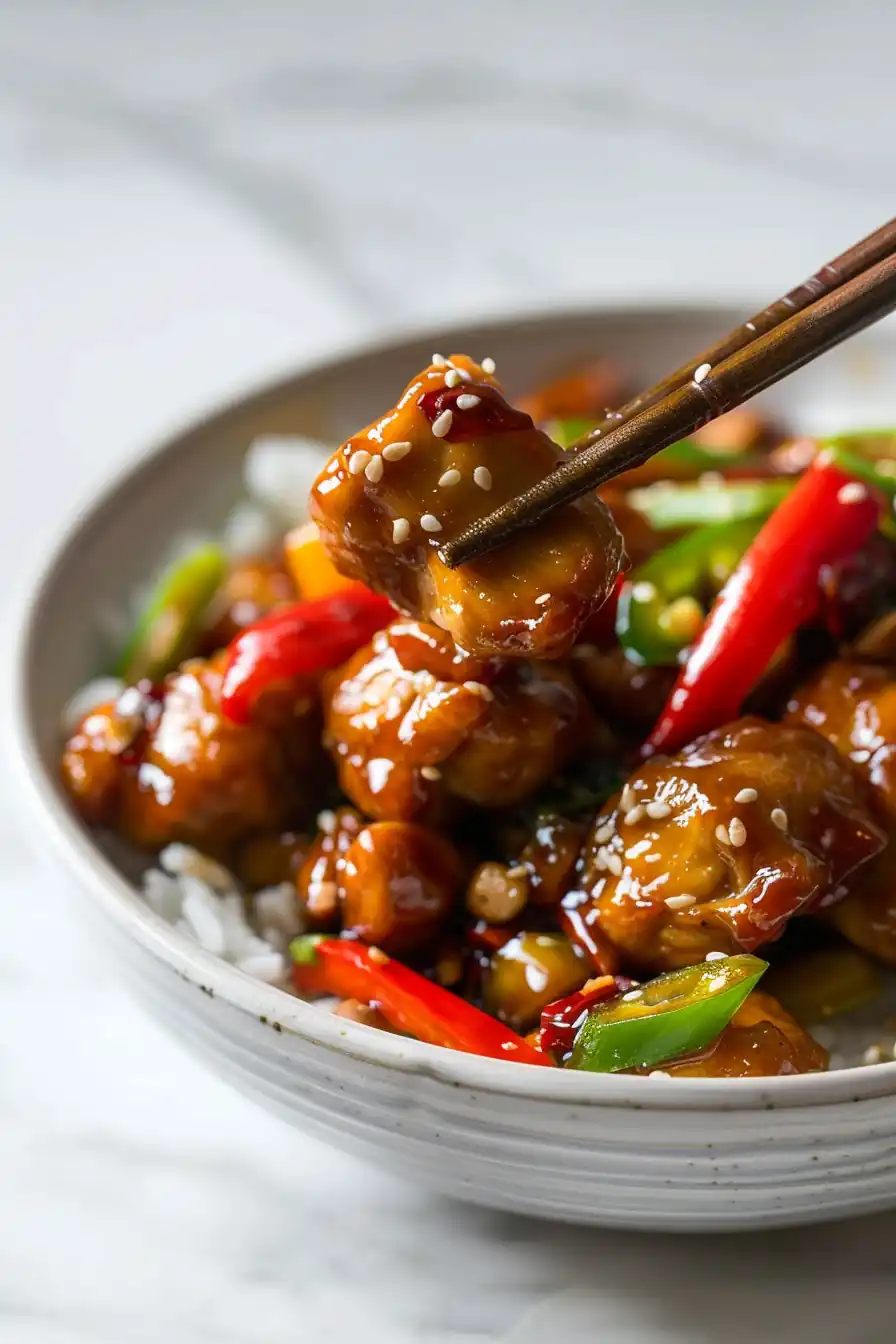 Low carb kung pao chicken recipe plated with colorful vegetables and nuts