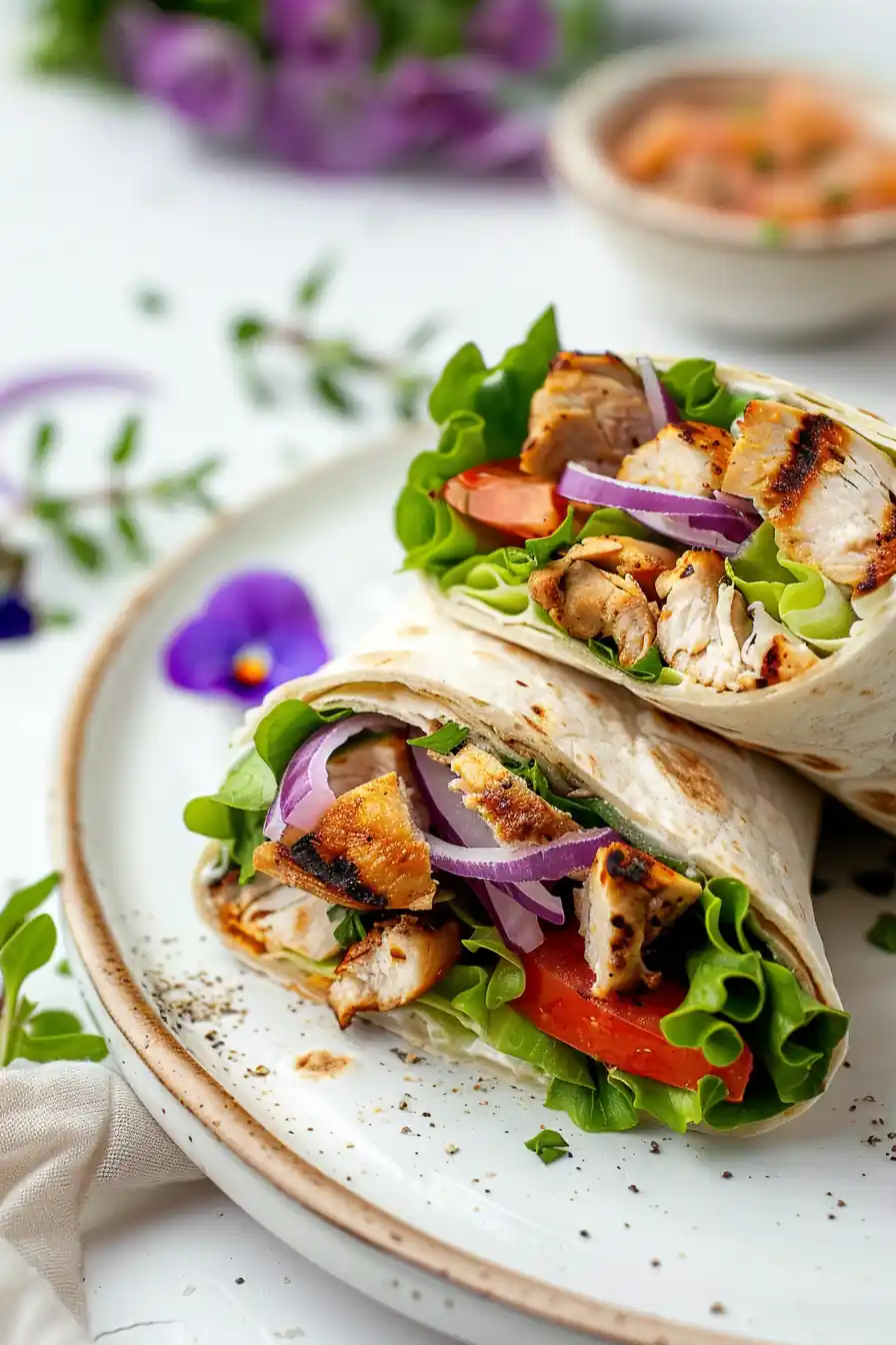 Grilled chicken wrap with lettuce, tomato, and red onion served on a white plate