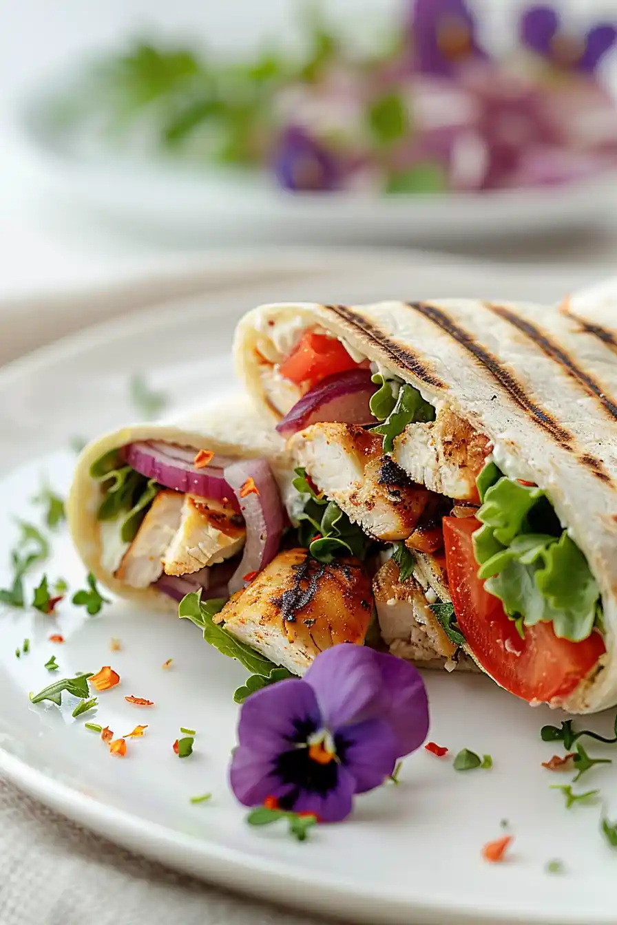 High-protein cottage cheese wrap with grilled vegetables and edible flowers