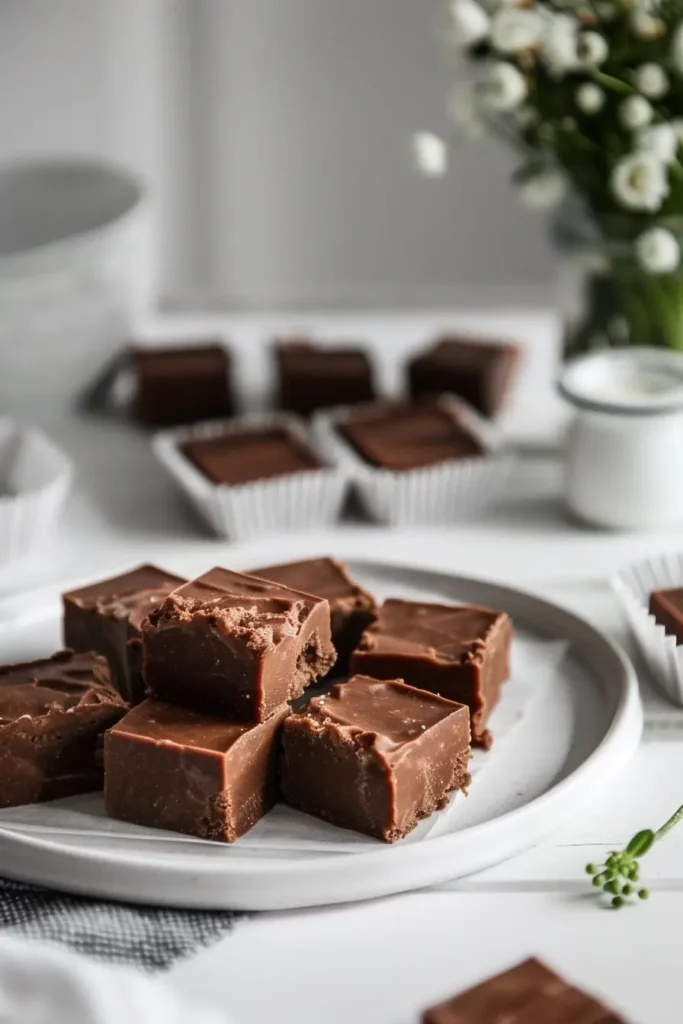 High-Protein Cottage Cheese Fudge 8 Sliced high-protein cottage cheese fudge squares on a white plate, ready to serve
