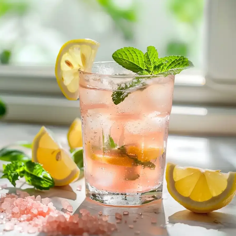 Himalayan pink salt and lemon water detox drink on table