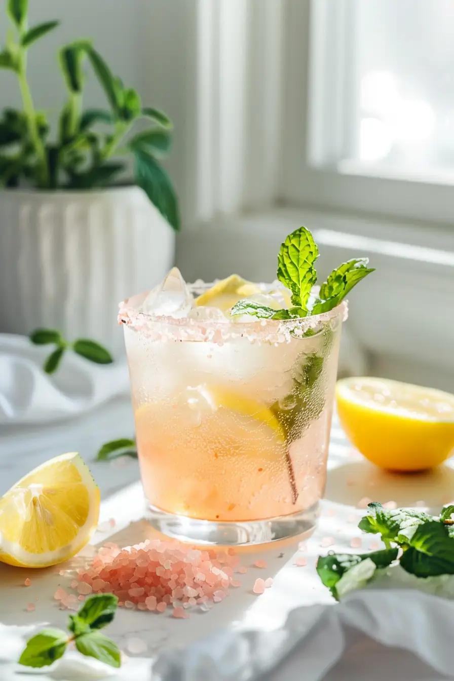 Himalayan pink salt and lemon water in clear glass