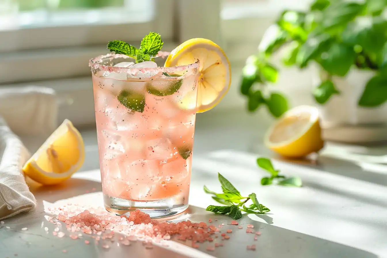 Himalayan pink salt and lemon water drink in natural light