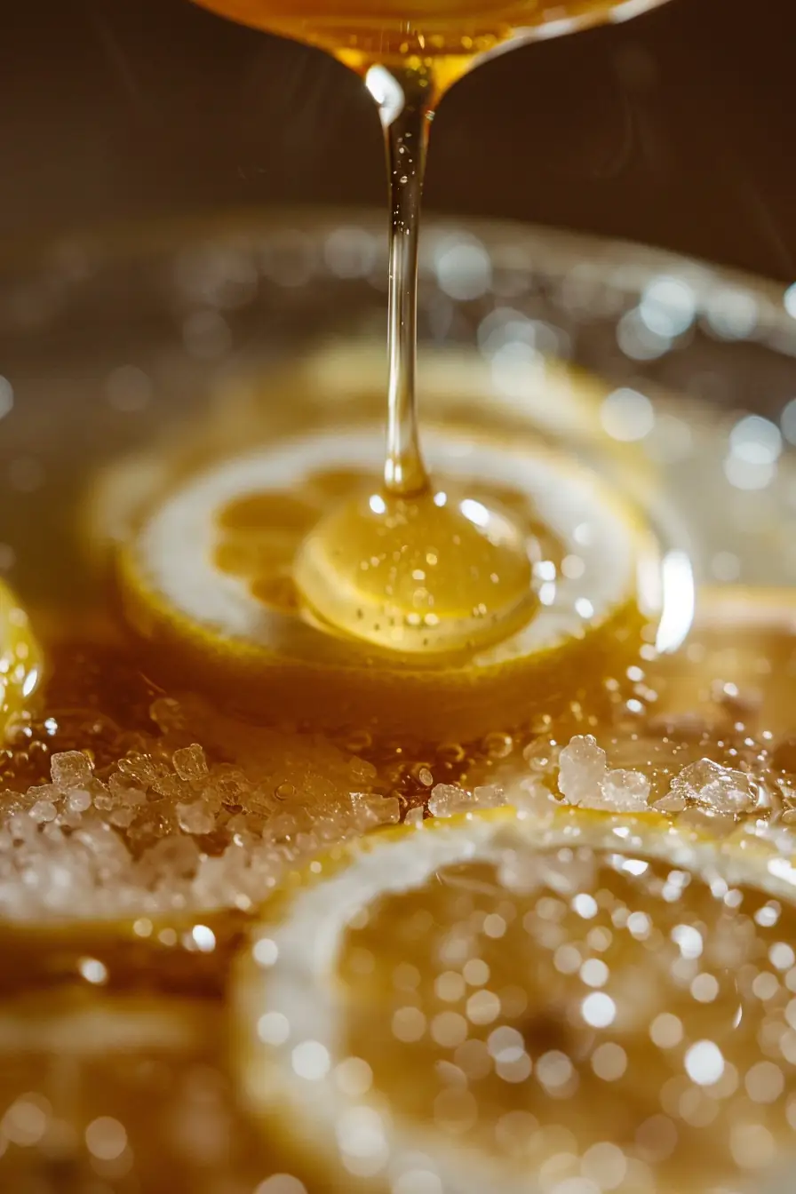 Honey poured into himalayan pink salt and lemon water