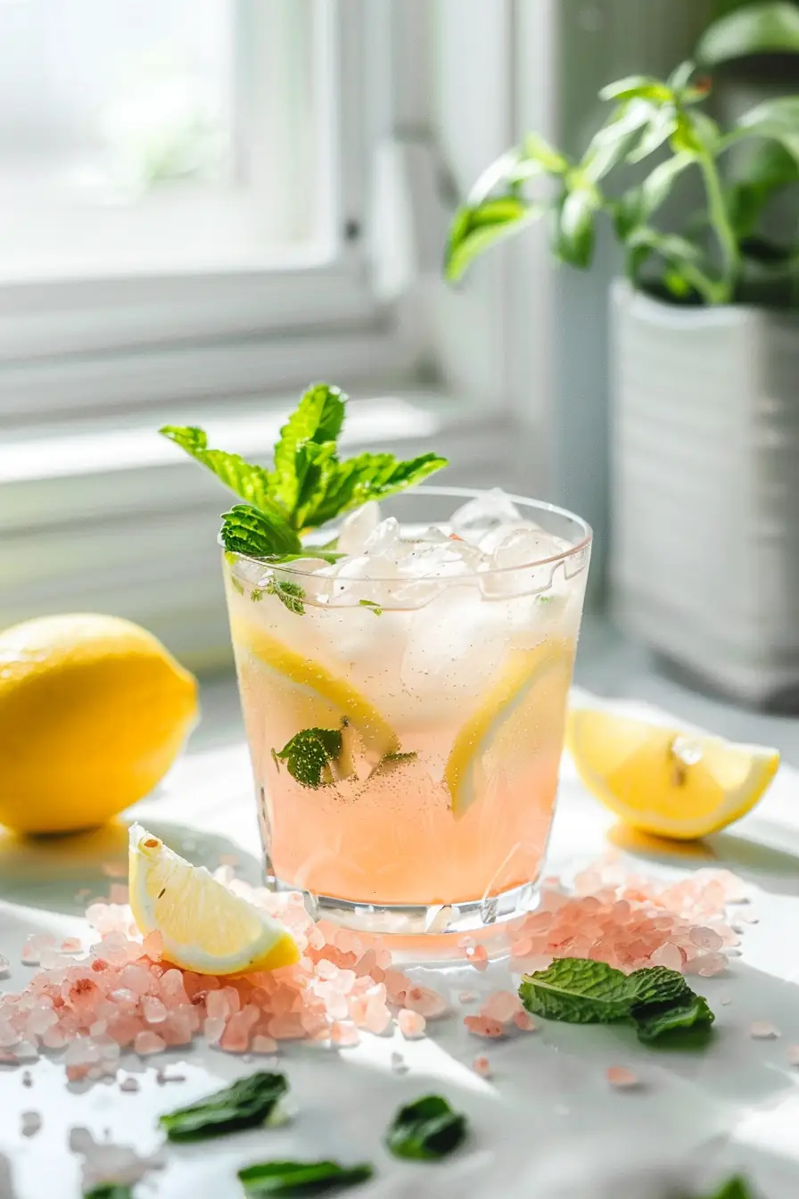 Himalayan pink salt and lemon water with mint garnish