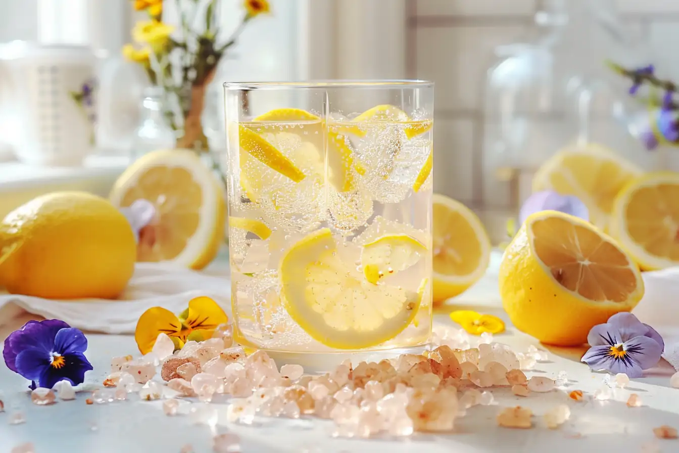 Himalayan pink salt trick recipe for weight loss with sliced lemons and flowers