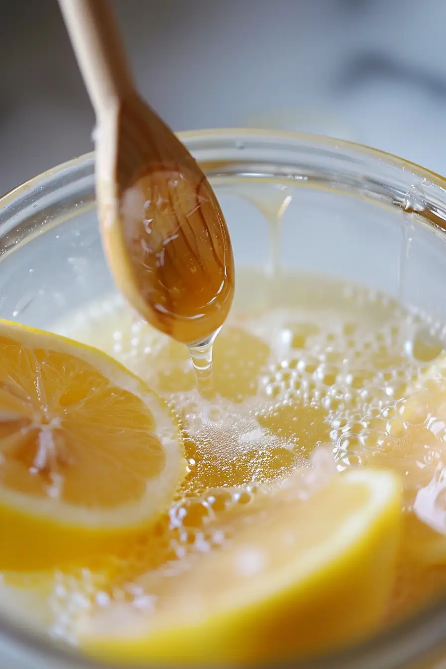 Honey being stirred into a lemon and salt drink with visible crystals