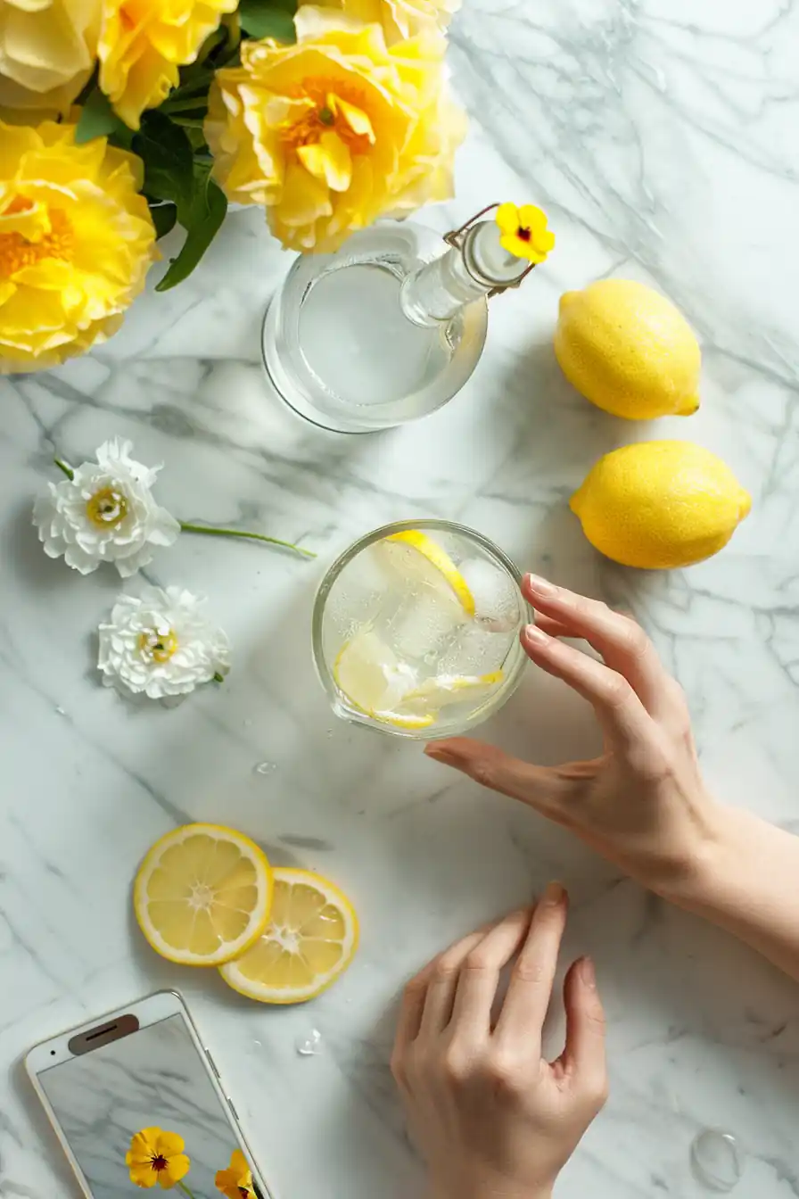 Hands preparing the ice water hack drink with lemons and a glass carafe