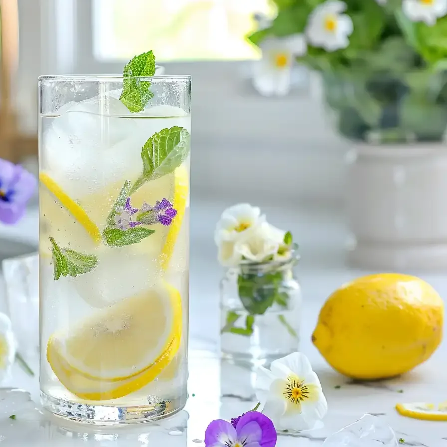 Lemon ice water glass on a kitchen counter surrounded by fresh lemons and flowers, showing a refreshing ice water hack recipe for weight loss.