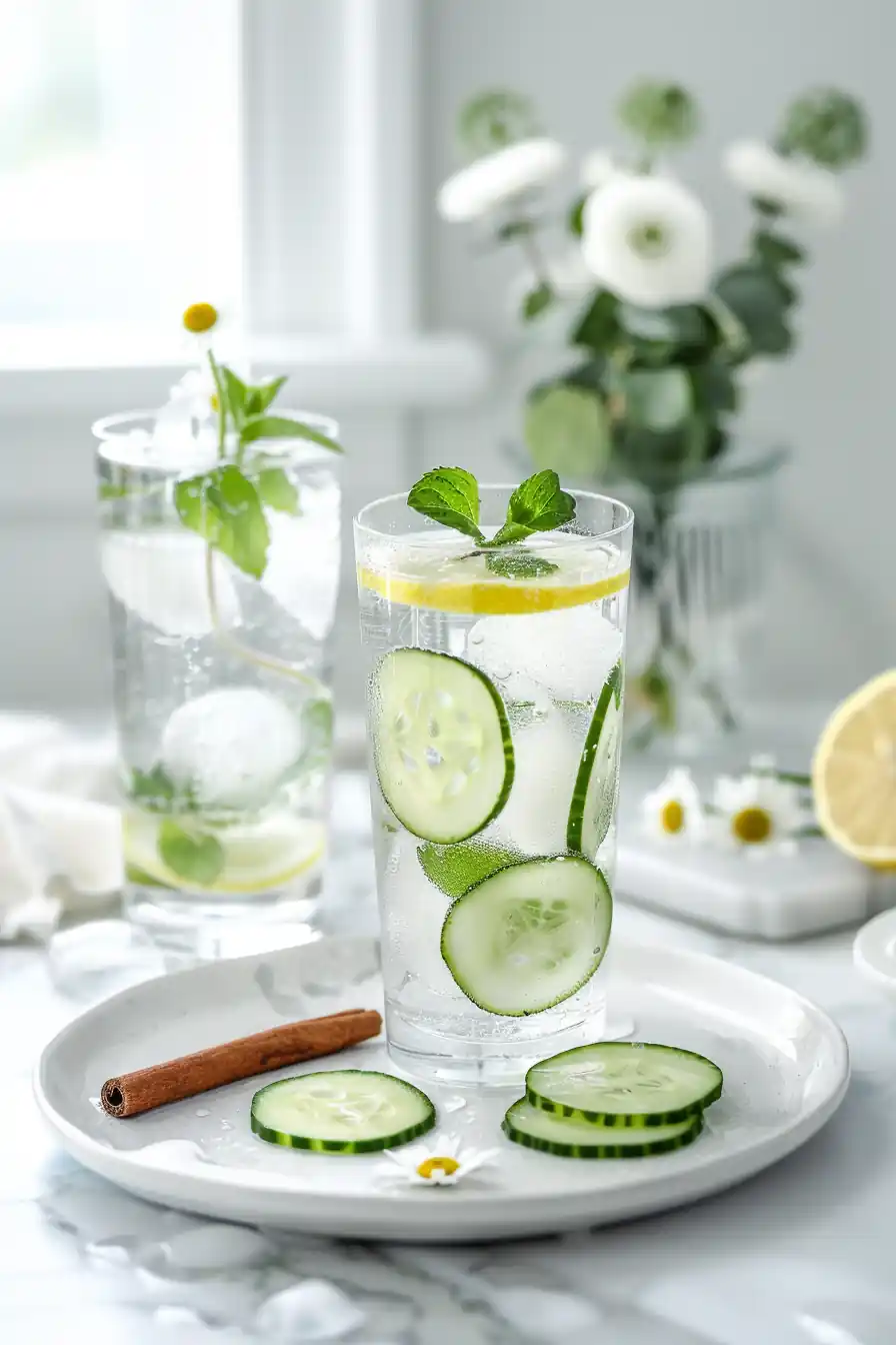 Two glasses of cucumber and ginger infused water on a white tray, showcasing variations of the ice water hack recipe for weight loss.