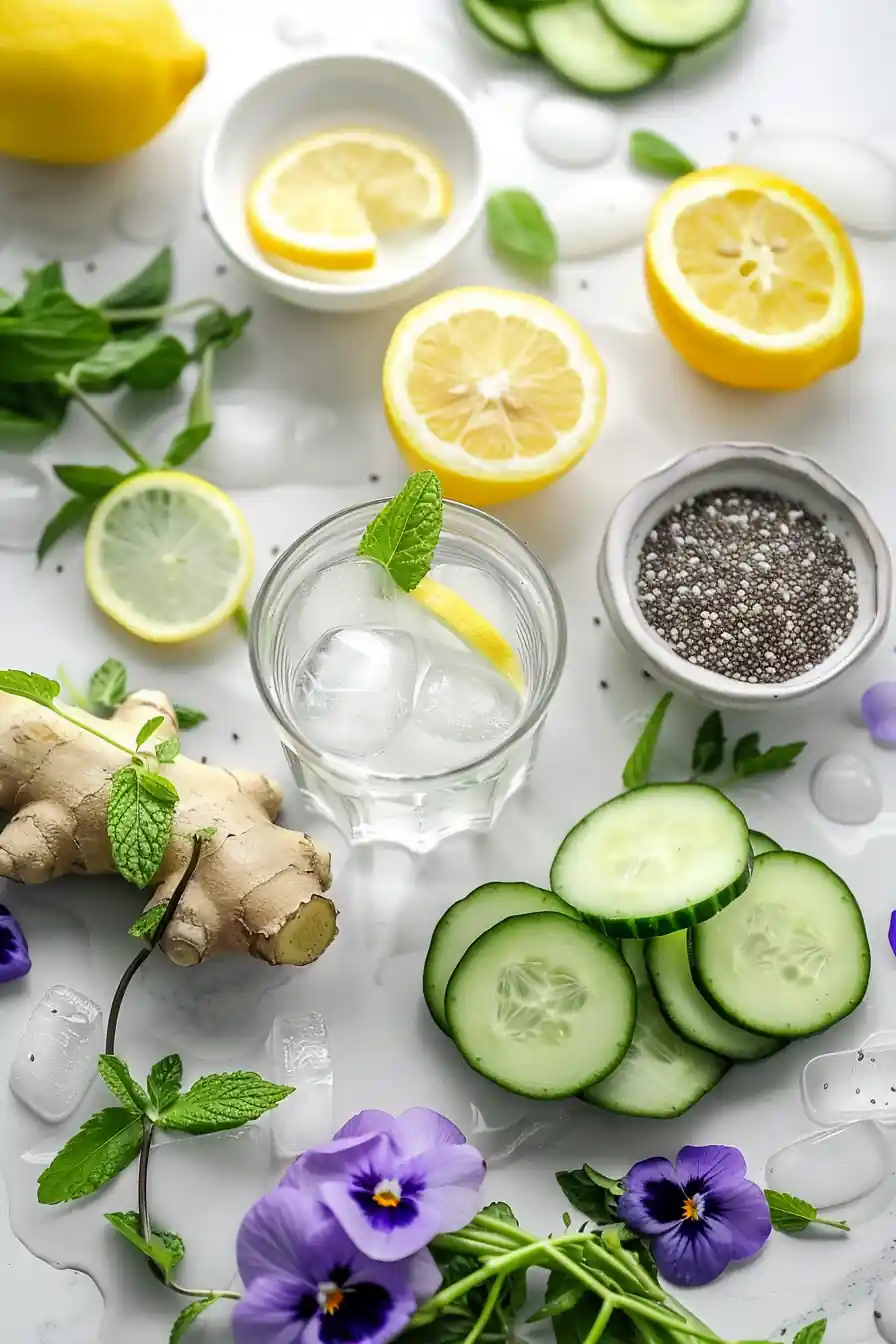 Overhead view of ingredients like lemon, cucumber, mint, chia, and ginger for the ice water hack recipe for weight loss.