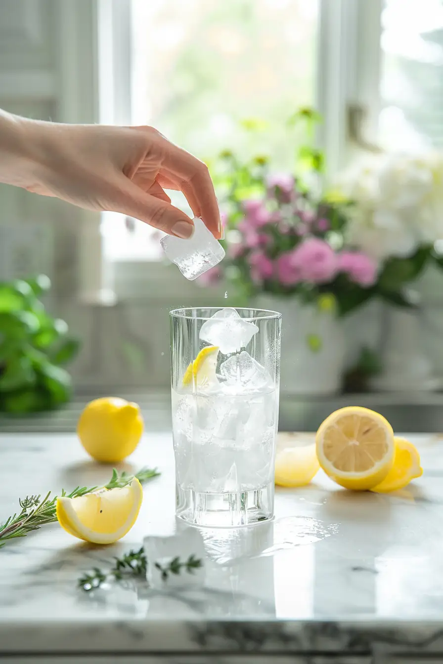 A hand dropping ice cubes into a tall glass of lemon water to prepare the ice water hack recipe for weight loss.