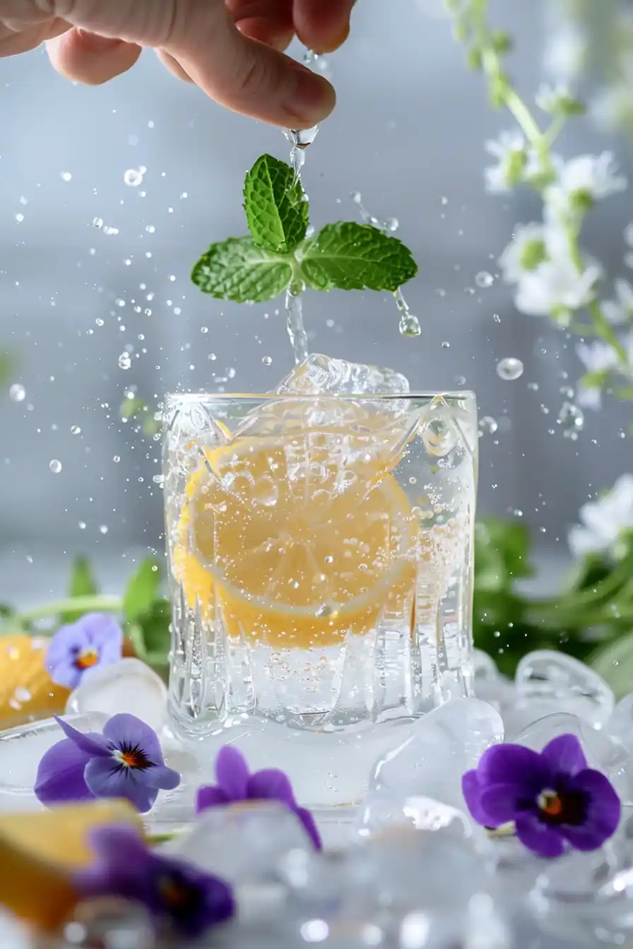 Lemon slice splashing into a glass of ice water with mint, representing a refreshing start to the ice water hack recipe for weight loss.
