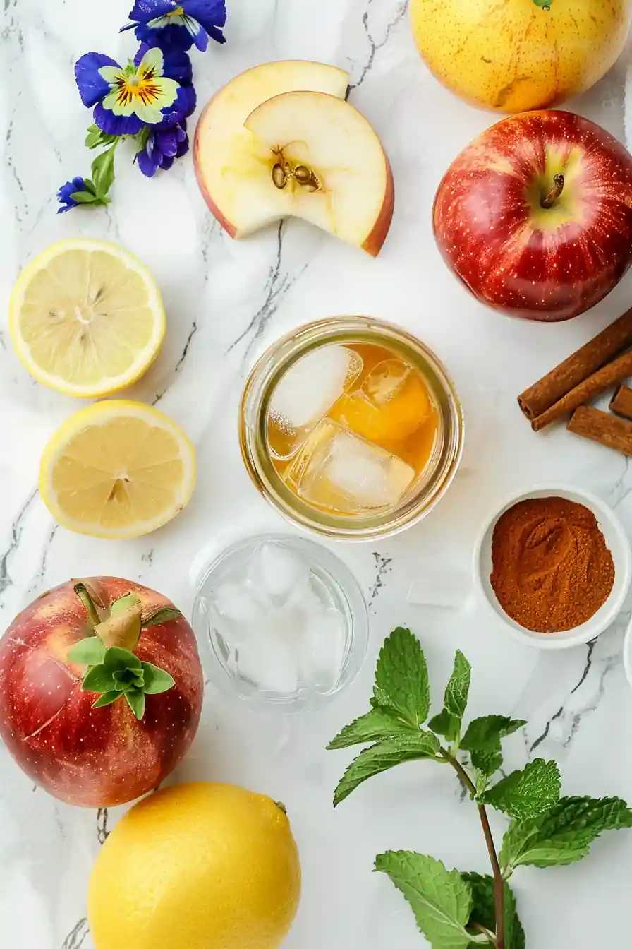 Flatlay of ingredients for ice water hack recipe: lemon, mint, cinnamon, cayenne