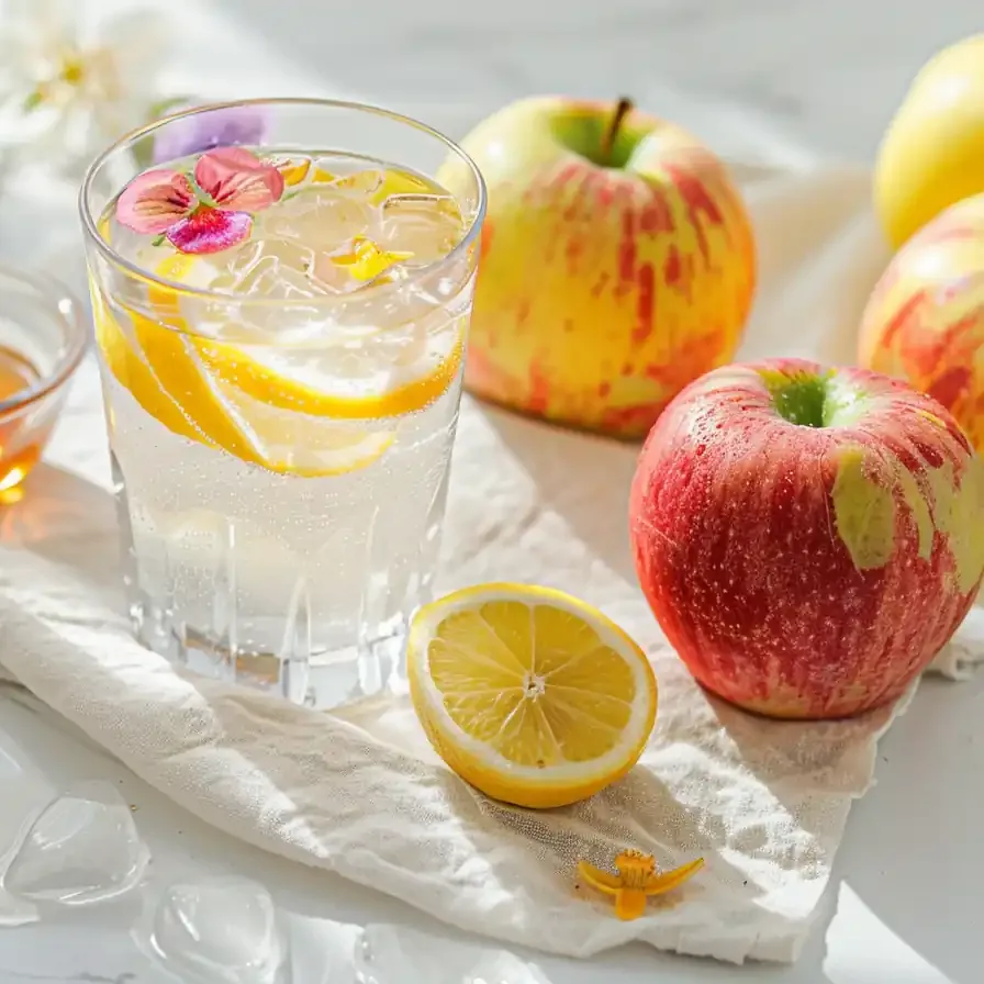 Glass of the ice water hack recipe with lemon slices, apples, and raw honey