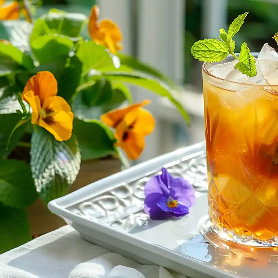 Iced Costa Rican tea served with pineapple, mint, and yellow pansies