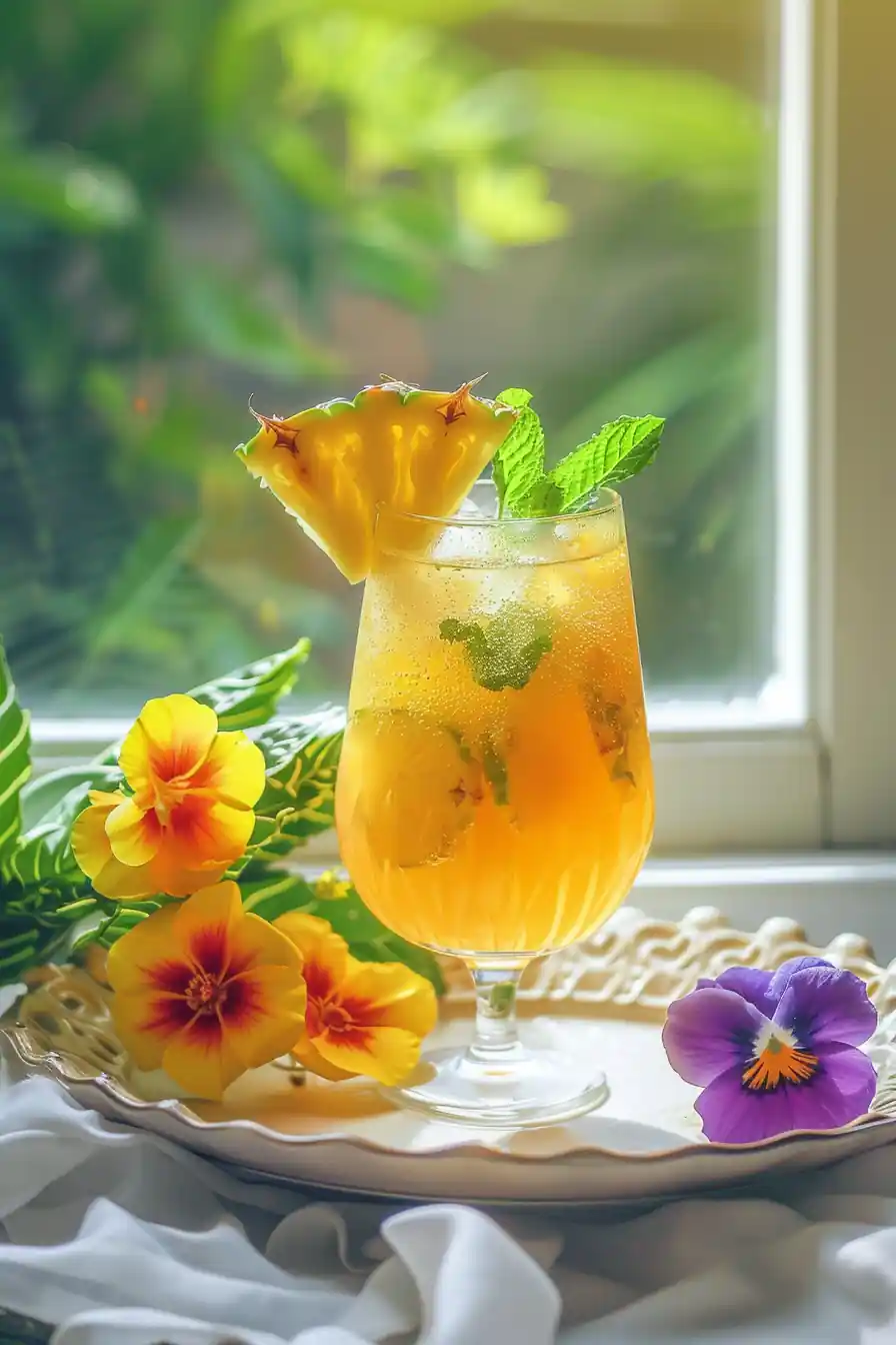 Tropical Costa Rican tea recipe served iced with pineapple and flowers