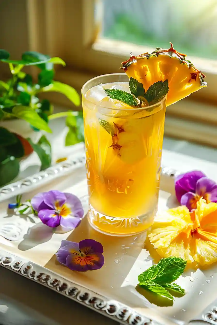 Chilled Costa Rican tea in a glass with pineapple garnish and mint