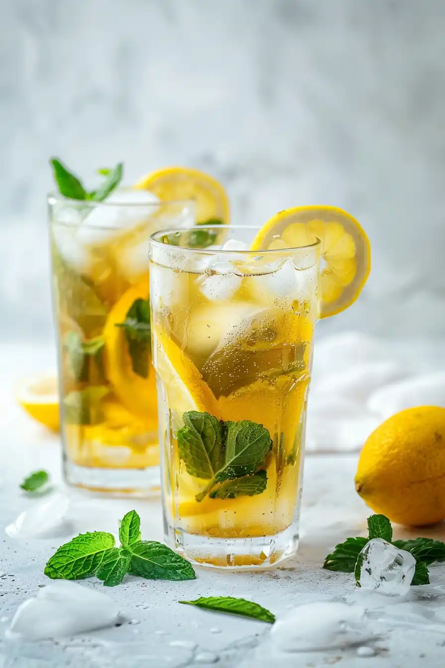 Chilled iced green tea recipe in glasses with mint and lemon