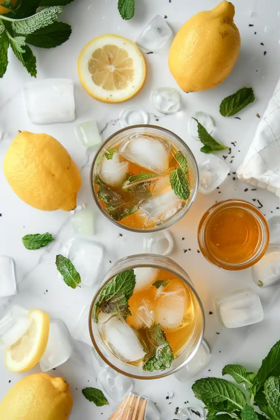 Overhead shot of iced green tea recipe with lemons, honey, and mint