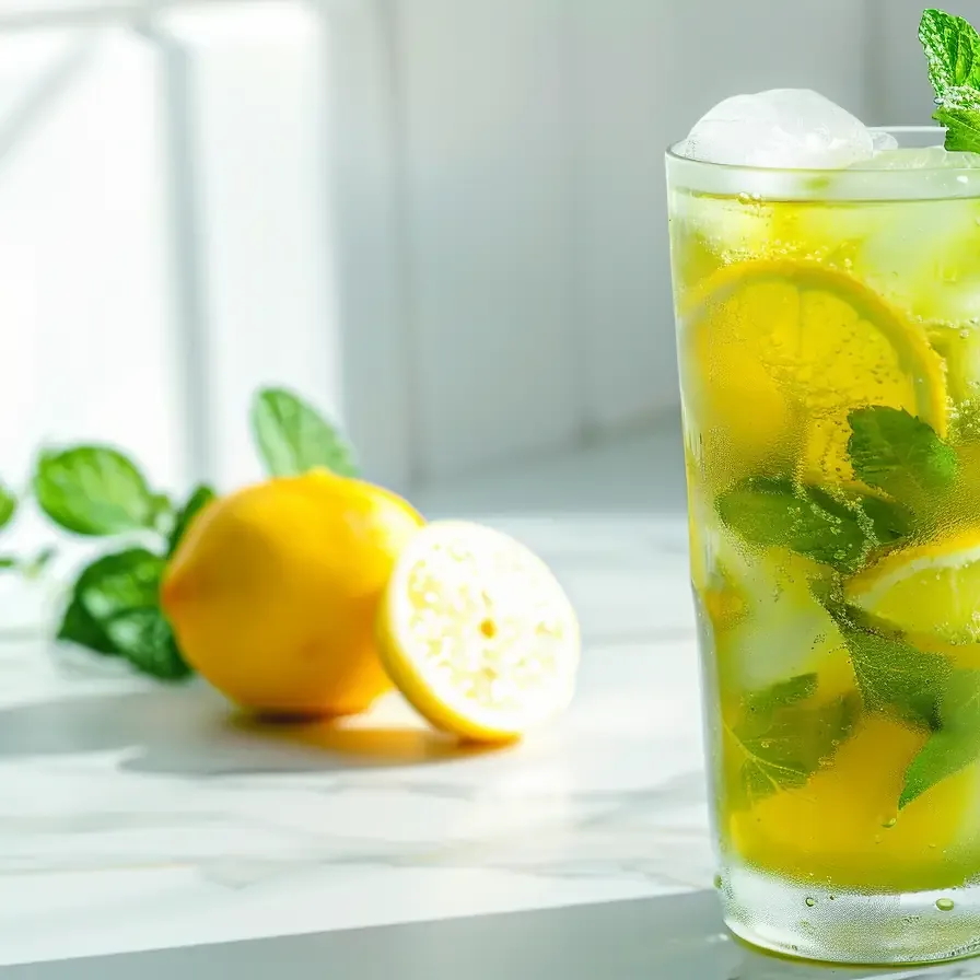 Glass of iced green tea recipe with lemon and fresh mint leaves