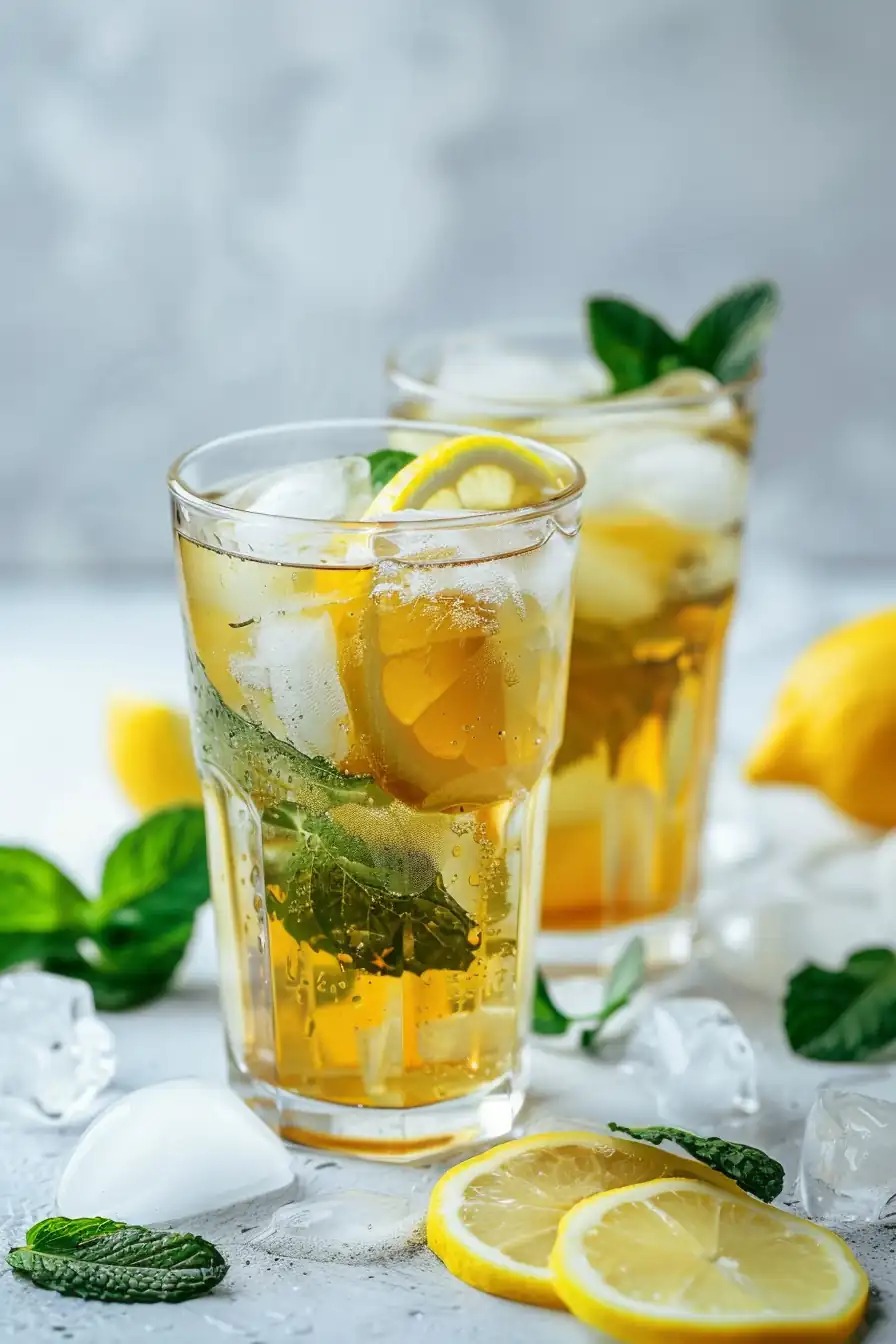 Two glasses of iced green tea recipe with lemon slices and ice
