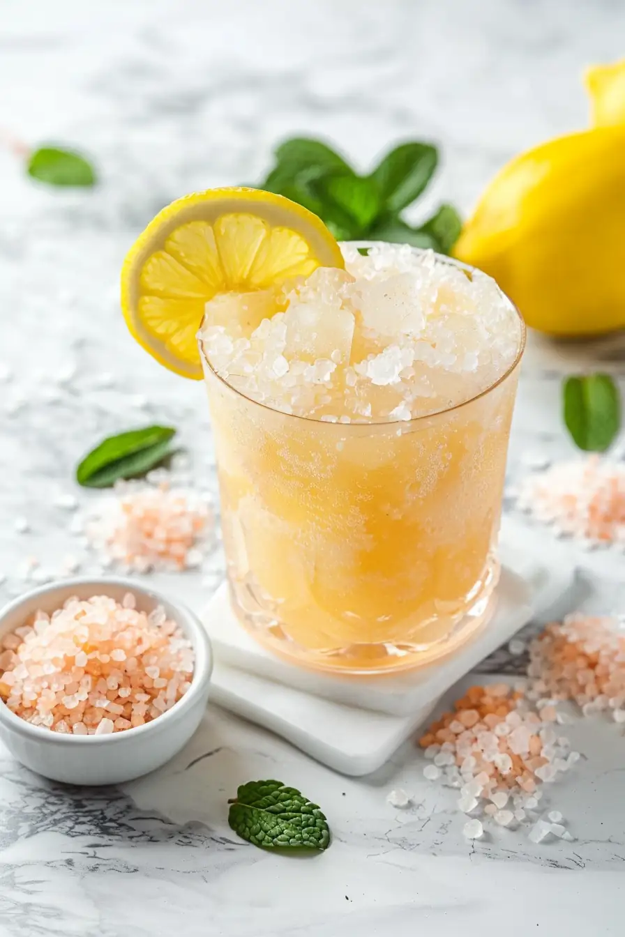 Glass of iced pink salt drink with mint and lemon on marble background