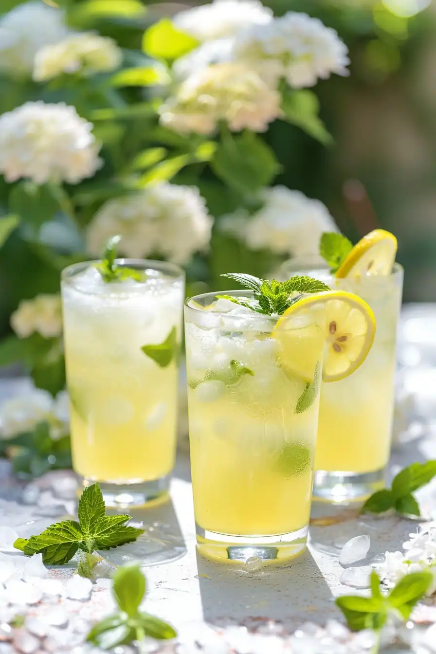 Iced lemon balm lemonade recipe served in a garden with lemon and mint garnish