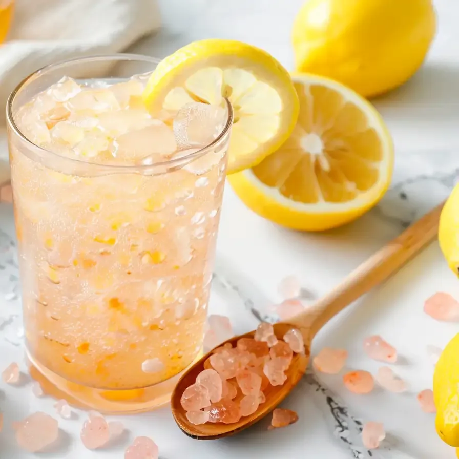 Glass of pink salt and lemon drink with honey on marble surface