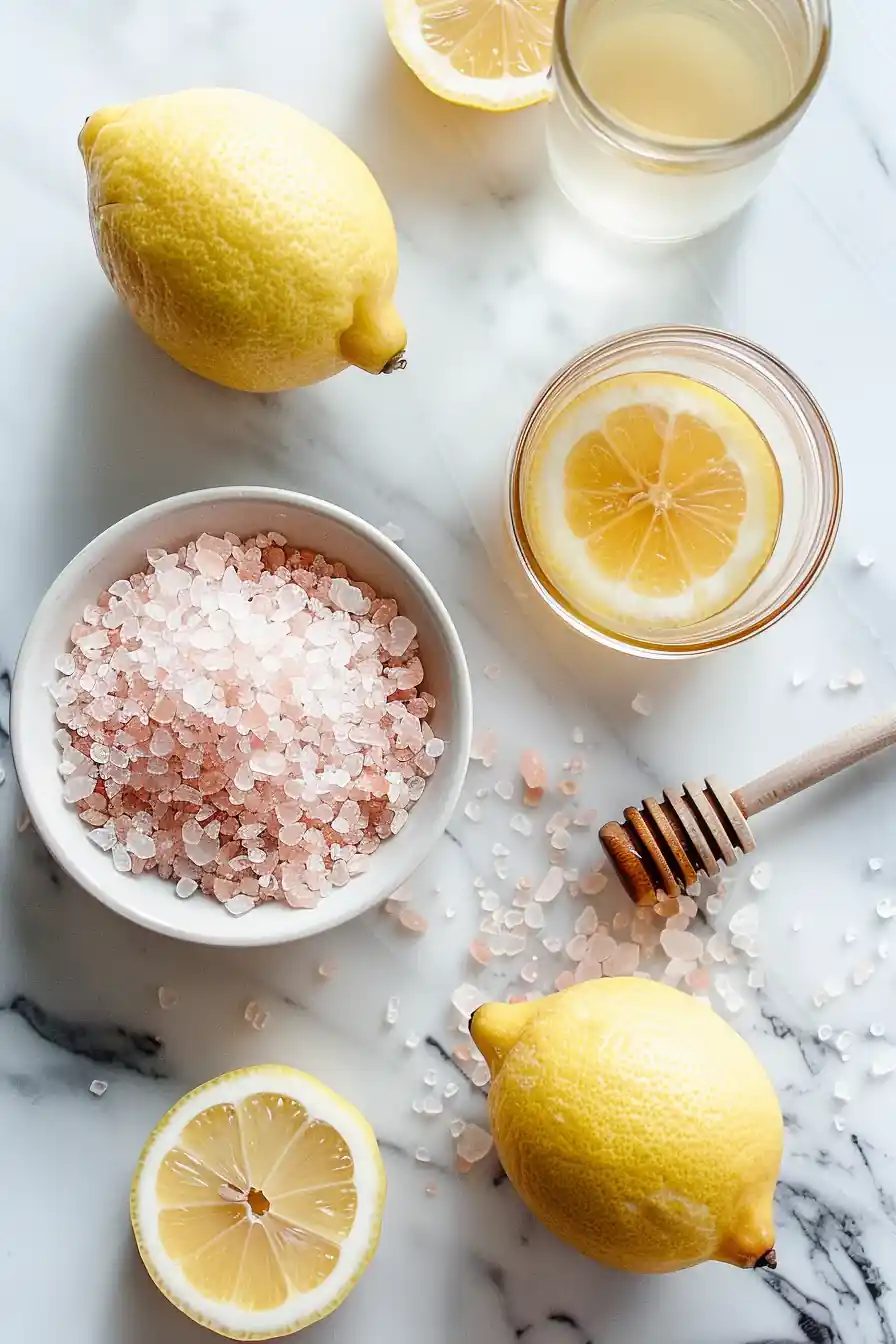 Japanese pink salt recipe ingredients on marble countertop