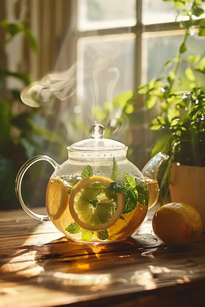 The Korean Lemon Balm Recipe for Weight Loss 8 Steaming glass teapot with lemon balm, lemon slices, and mint