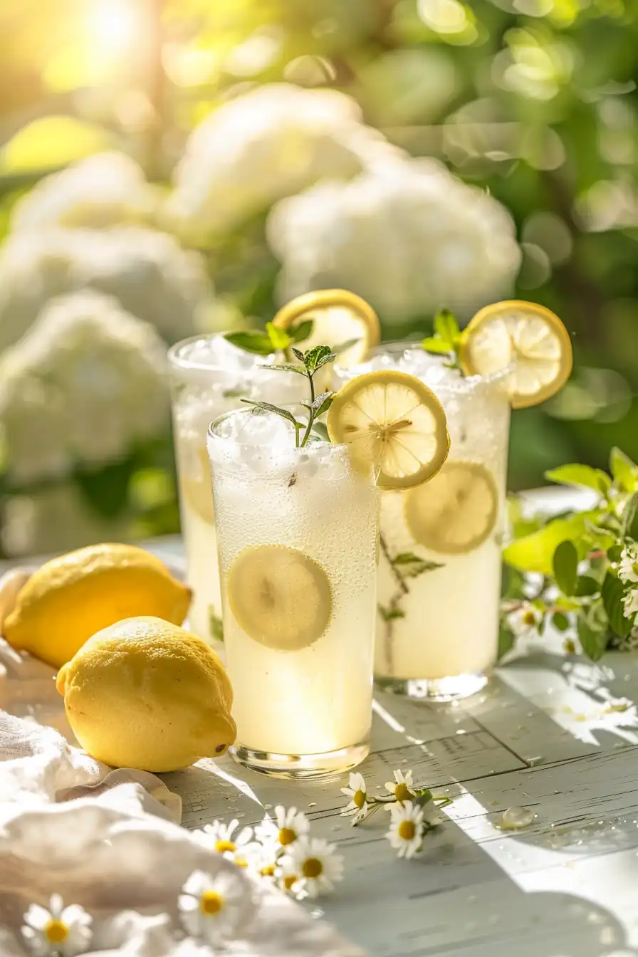 Lemon balm lemonade recipe served in tall glasses in golden sunlight