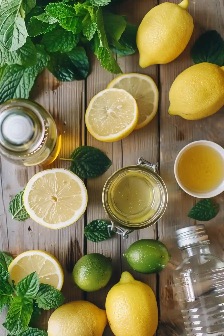 Ingredients for lemon balm lemonade recipe including lemon, lime, honey, and herbs