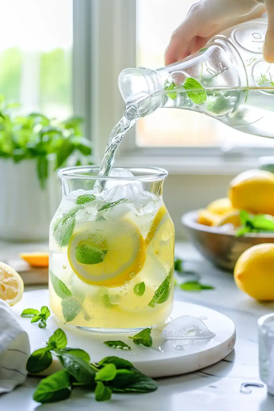 Pouring lemon balm lemonade recipe into a glass pitcher with citrus and herbs