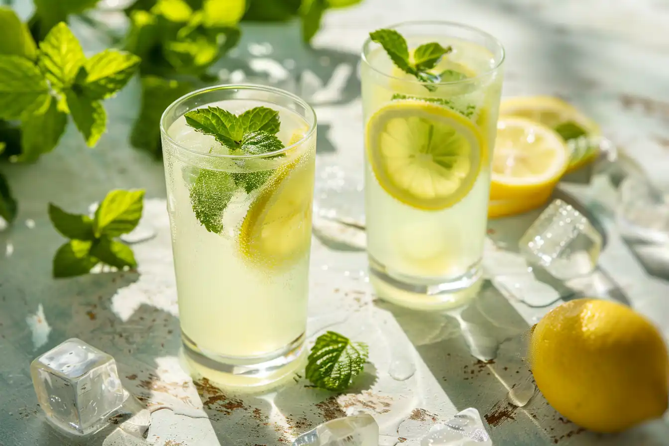 Fresh lemon balm lemonade recipe with lemon slices and ice cubes in tall glasses