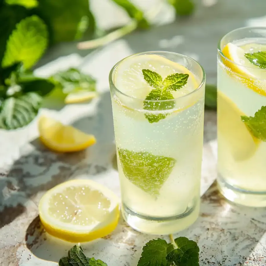Glasses of lemon balm lemonade recipe with mint and lemon slices outdoors