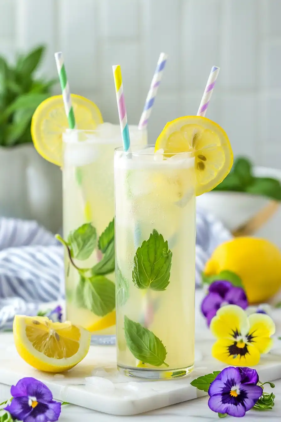 Lemon balm spritzer recipe in tall glasses with lemon slices, mint, and striped straws