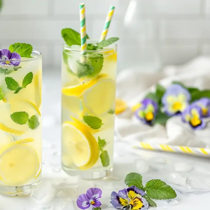 Tall glasses of lemon balm water recipe with fresh mint, lemon slices, and edible flowers