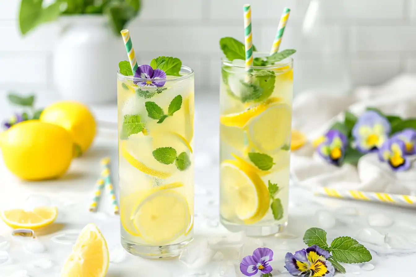Tall glasses of lemon balm water recipe with fresh mint, lemon slices, and edible flowers