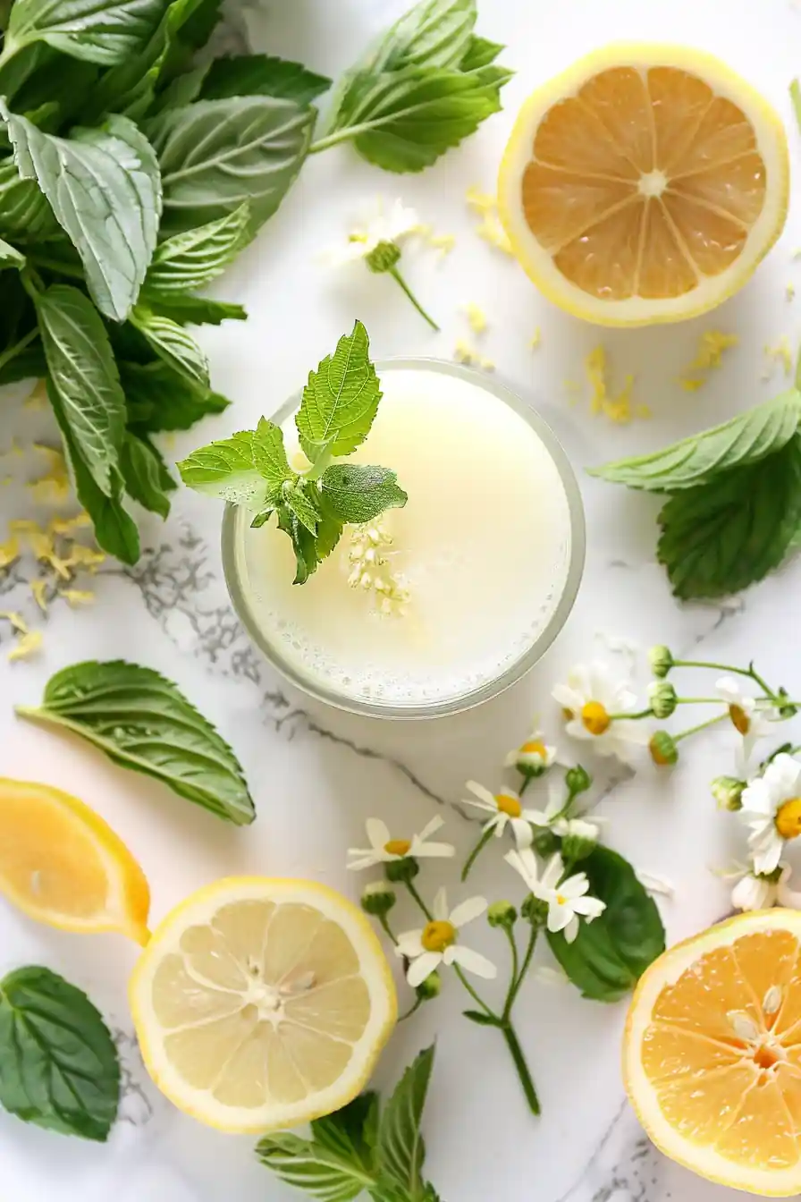 Lemon balm water recipe in a glass surrounded by fresh lemon, mint, and chamomile