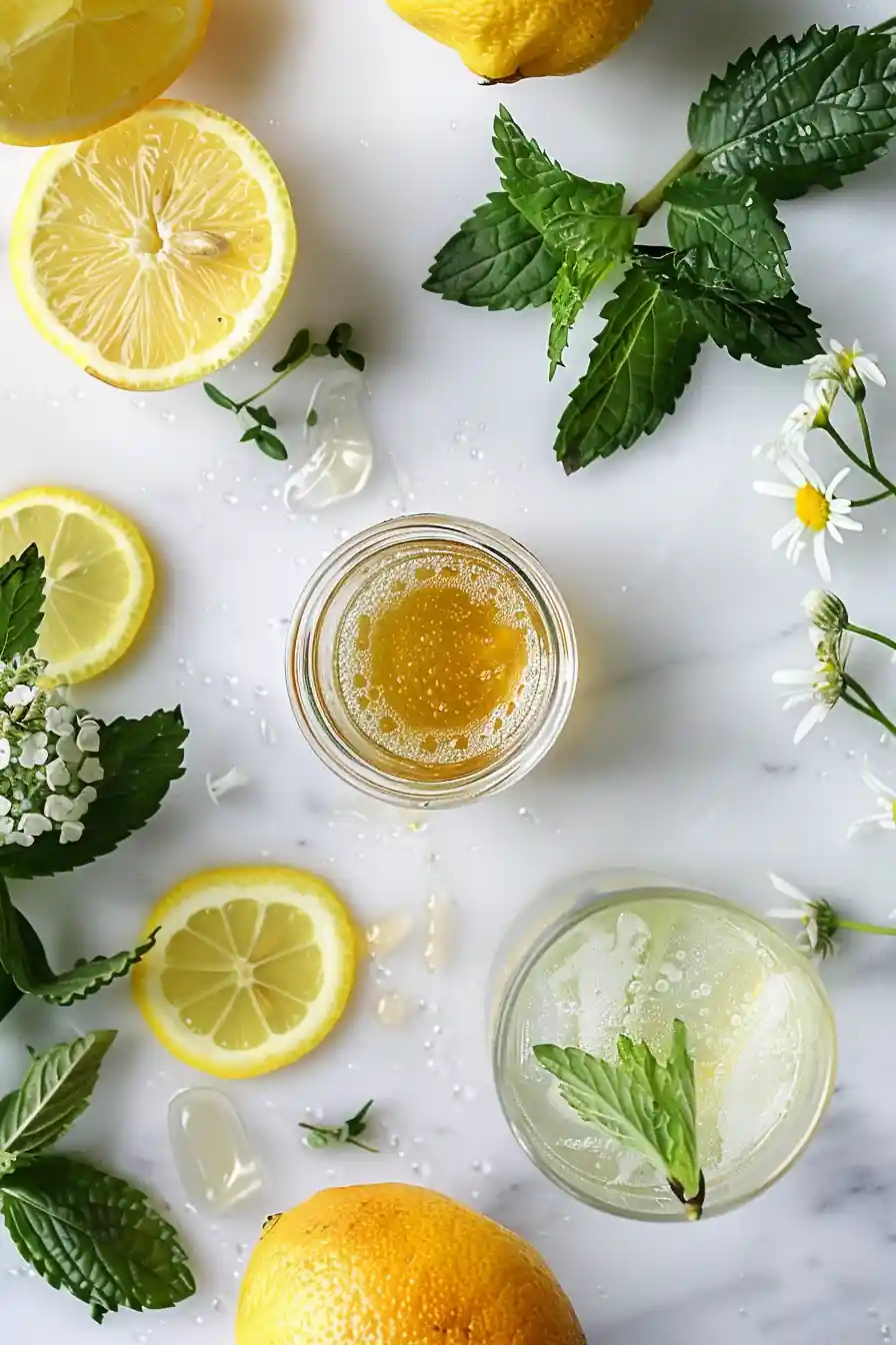 Ingredients for lemon balm water recipe with honey, lemon, and fresh herbs