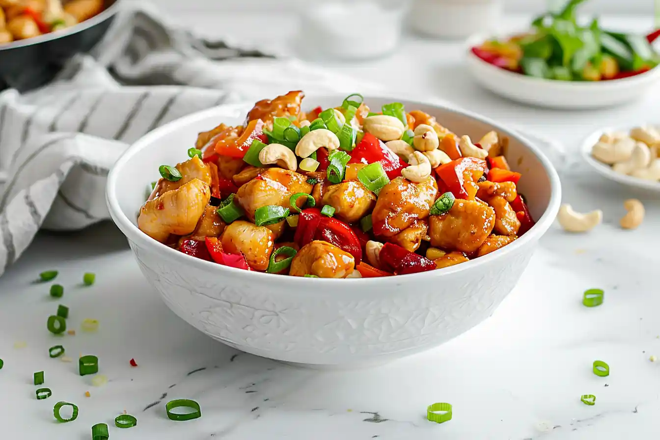 Low carb kung pao chicken recipe served in a clean white bowl with scallions