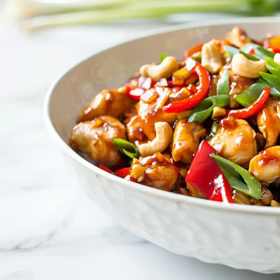Low carb kung pao chicken recipe topped with cashews and red peppers in a white bowl