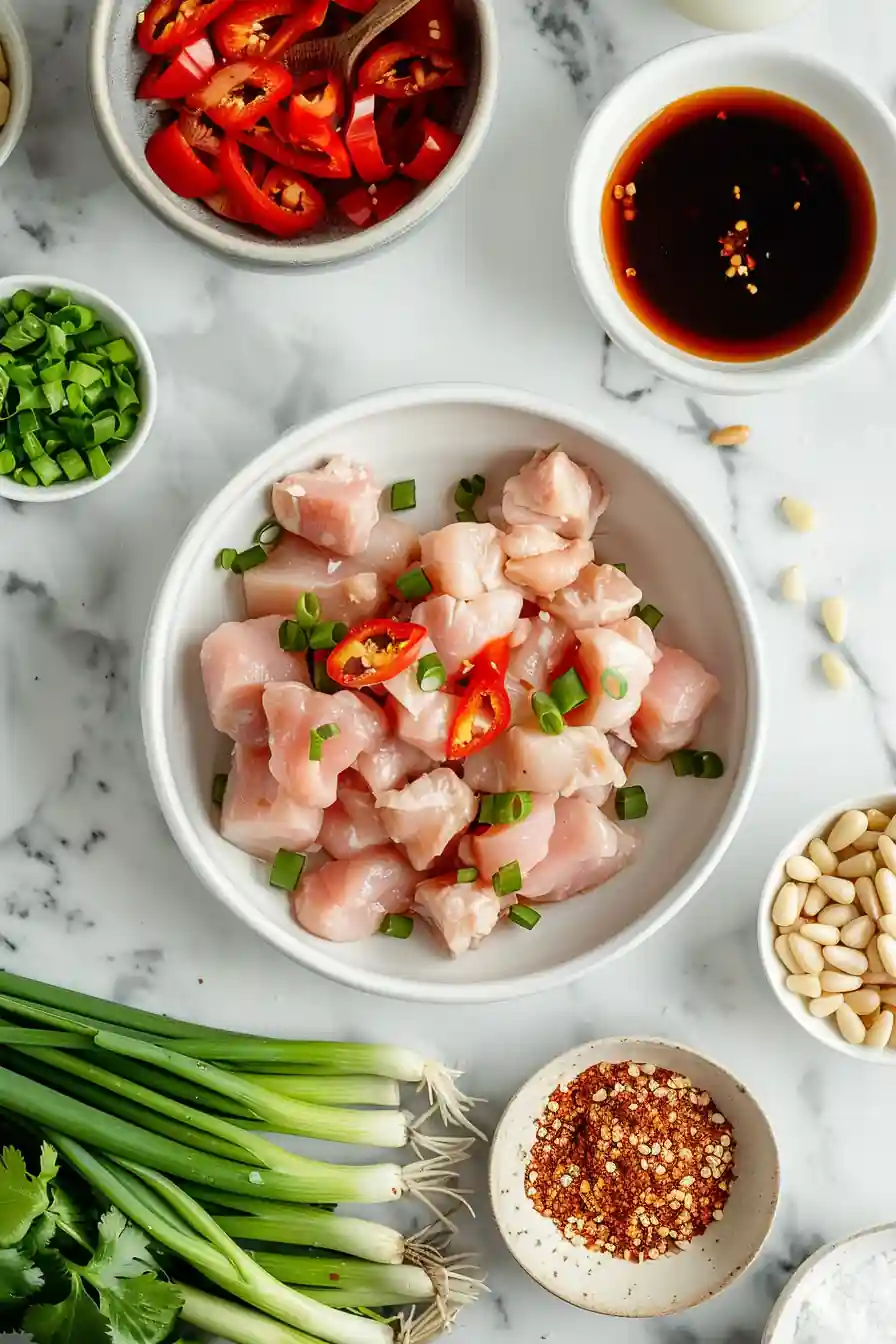 Fresh ingredients for low carb kung pao chicken recipe including diced chicken and sauces