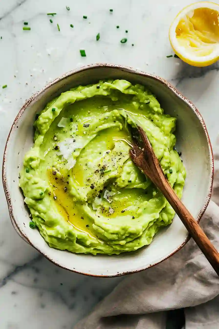 Mashed avocado in a ceramic bowl with lemon and sea salt