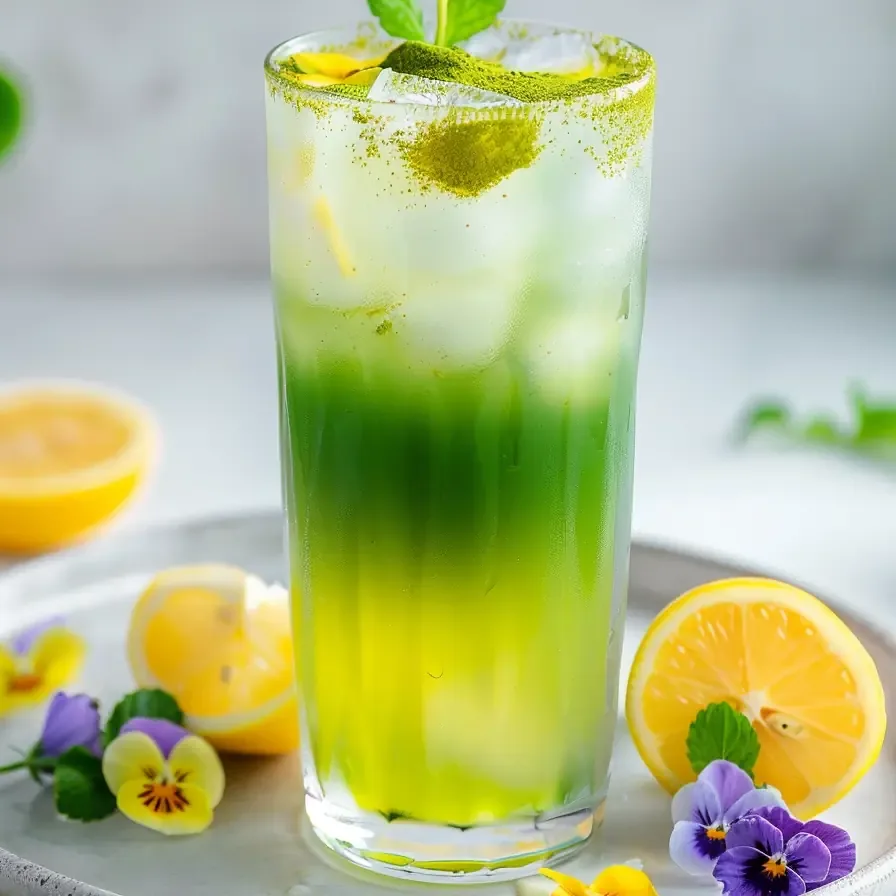 Brightly layered matcha lemonade recipe with lemon slices and flowers